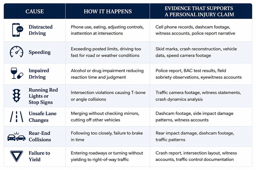 Infographic table outlining common causes of car accidents in Greenwood personal injury cases, including distracted driving, speeding, impaired driving, unsafe lane changes, rear-end collisions, and failure to yield, along with how these crashes happen and the evidence commonly used to support injury claims.
