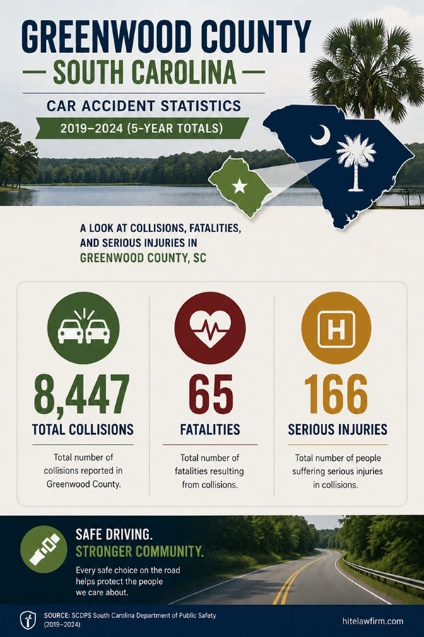 Greenwood County South Carolina accident statistics from 2019 to 2024 showing total collisions fatalities and serious personal injuries