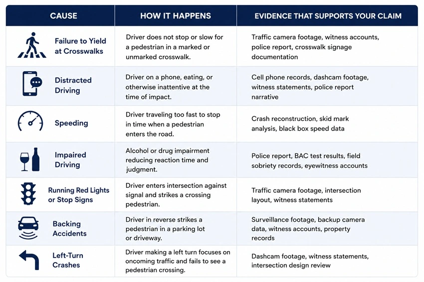 Infographic table outlining common causes of pedestrian accidents, including failure to yield at crosswalks, distracted driving, speeding, impaired driving, backing accidents, and left-turn crashes, along with how these incidents happen and the evidence commonly used to support a pedestrian injury claim.