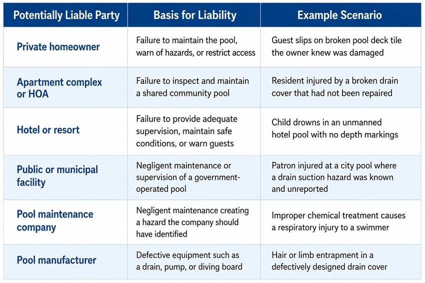 Infographic table showing potentially liable parties in swimming pool injury cases, including homeowners, apartment complexes, hotels, municipal facilities, pool maintenance companies, and manufacturers, with examples of negligence and pool-related injury scenarios.