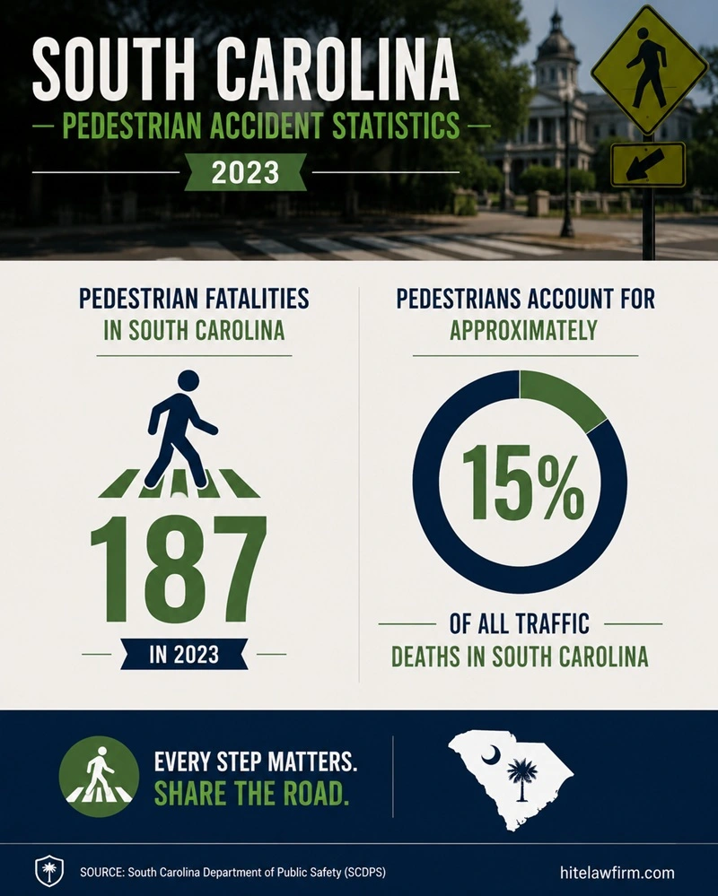 South Carolina pedestrian accident statistics 2023 showing fatalities and share of total traffic deaths.