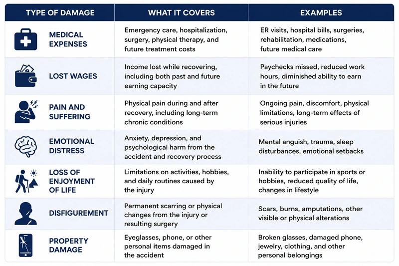 Infographic table outlining the types of compensation available in a personal injury claim, including medical expenses, lost wages, pain and suffering, emotional distress, loss of enjoyment of life, disfigurement, and property damage, along with explanations of what each category covers.
