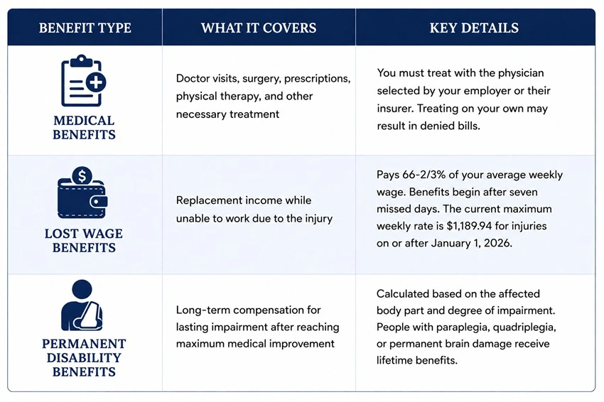 Infographic table outlining South Carolina workers’ compensation benefits, including medical benefits, lost wage benefits, and permanent disability benefits, with explanations of covered treatment, wage replacement, and long-term disability compensation rules.