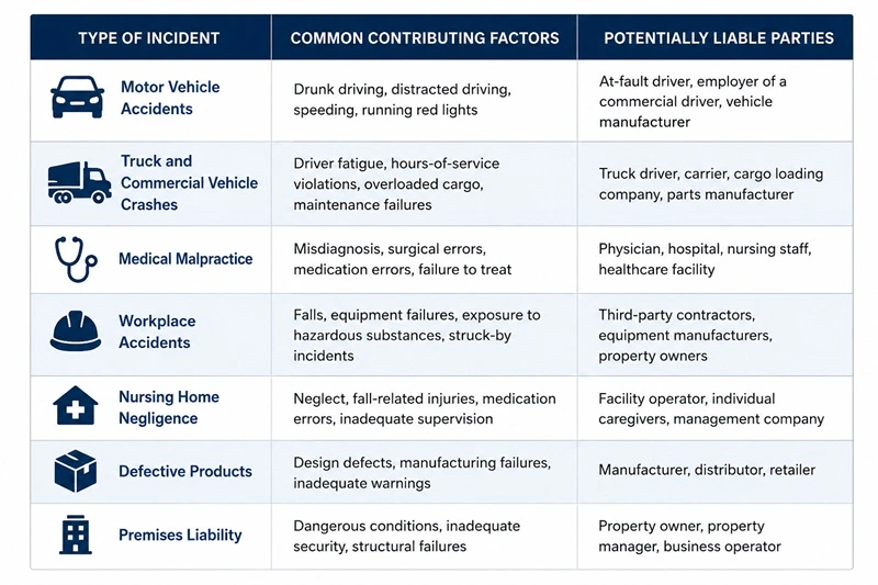Infographic table outlining common causes of wrongful death cases in Abbeville, including car accidents, truck crashes, medical malpractice, workplace accidents, nursing home negligence, defective products, and premises liability, along with contributing factors and potentially liable parties.