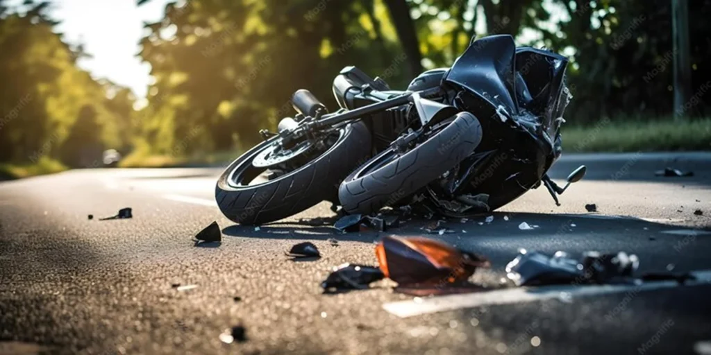 Close up photo of a motorcycle and debris on the street, symbolizing a motorcycle accident.