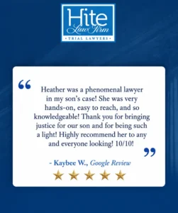 “Heather was a phenomenal lawyer in my son’s case! She was very hands-on, easy to reach, and so knowledgeable! Thank you for bringing justice for our son and for being such a light! Highly recommend her to any and everyone looking! 10/10!”
- Kaybee W., Google Review