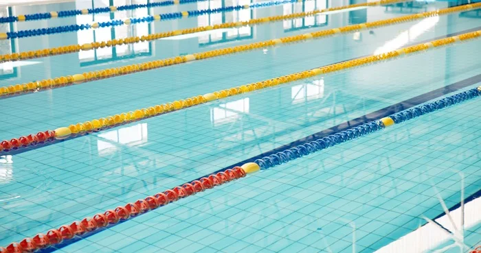 An indoor swimming pool, separated into swimming lanes.