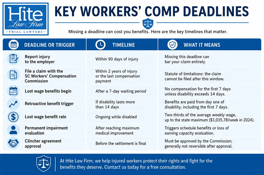 A table covering workers' compensation deadlines and what they mean