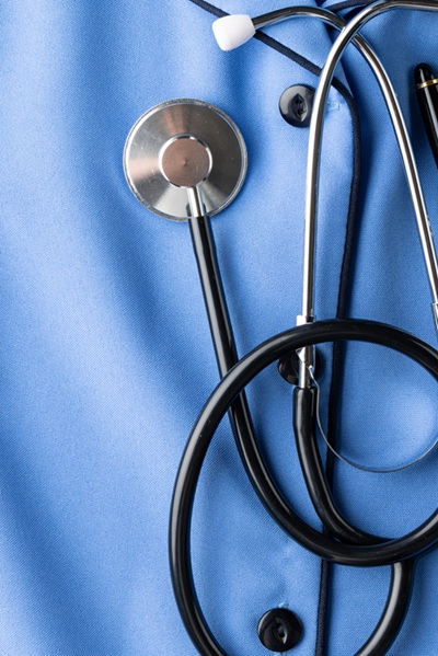 A stethoscope on a blue shirt